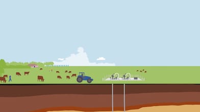 Grafische weergave van een doosnede van de ondergrond met een tractor erboven