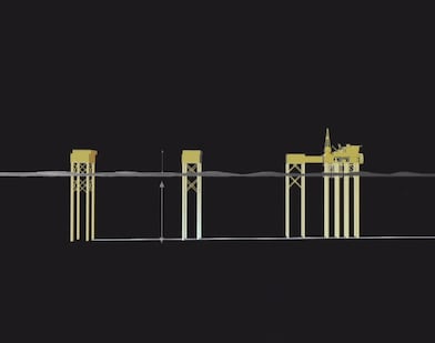 Illustratie van een boorplatform op zee tegen een zwarte achtergrond