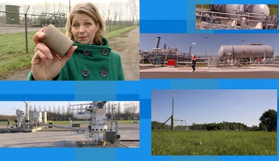 Vier afbeeldingen van het winningsproces en de presentatrice houdt een bodemmonster vast