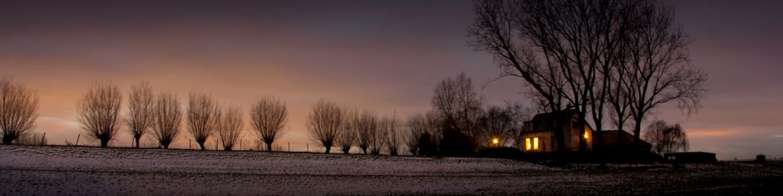 Winterlandschap in de schemer met kale bomen en een huis waarin lichtbrand